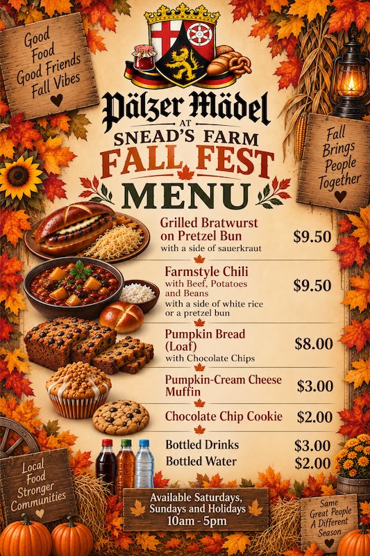 Palzer Madel menu for the Snead's Farm Fall Festival